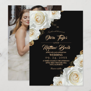Invitation Noir et Or Rose d'Ivoire Floral Moderne Mariage