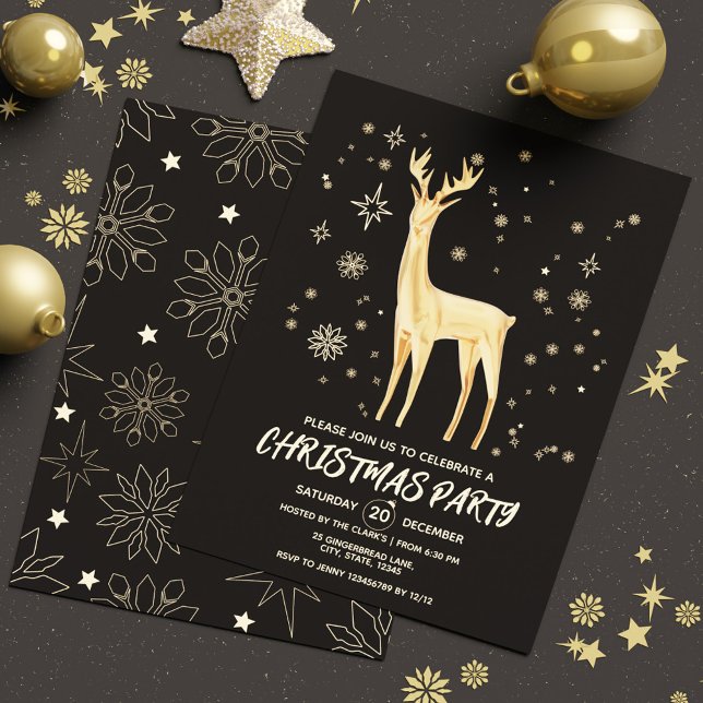 Invitation Noir et or simple moderne élégant Deer Xmas (Modern Simple Black and Gold Elegant Deer Xmas Invitation)