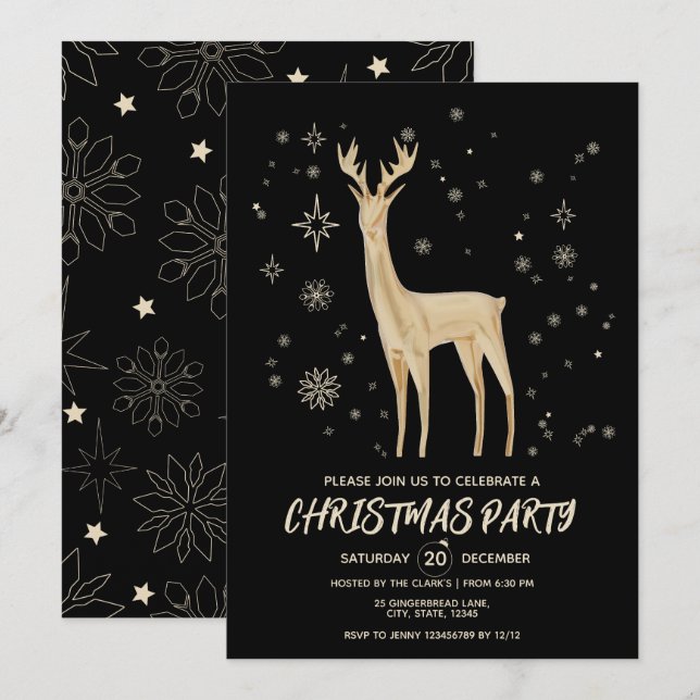 Invitation Noir et or simple moderne élégant Deer Xmas (Devant / Derrière)
