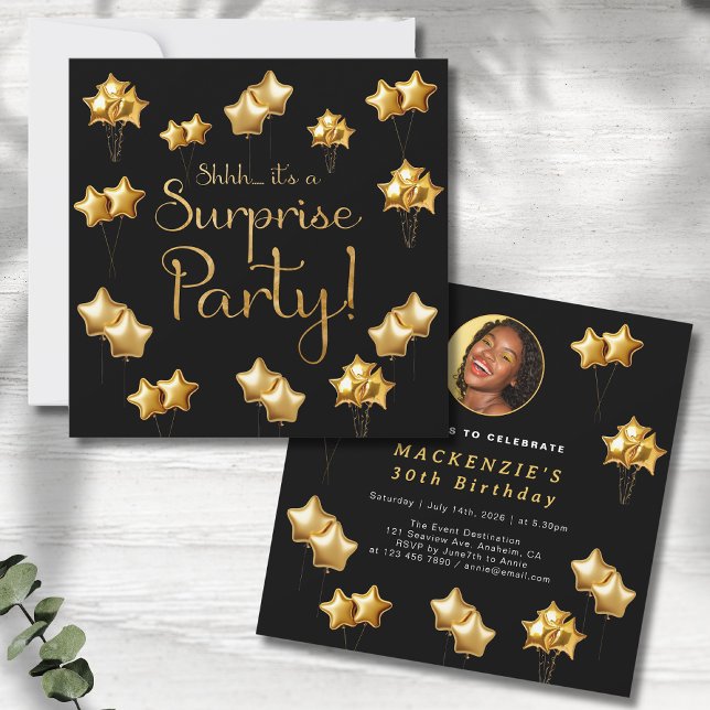 Invitation Noir Et Or Surprise N'Importe Quel Âge Fête D'Anni (Black and gold party invitations showing front and rear on a grey wood background.)
