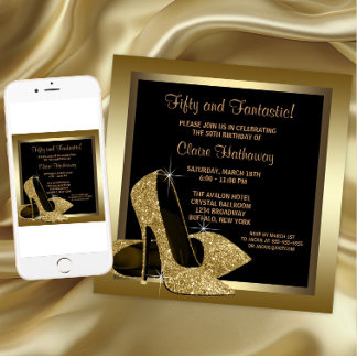 Invitation Noir et or talons hauts femmes 50e anniversaire