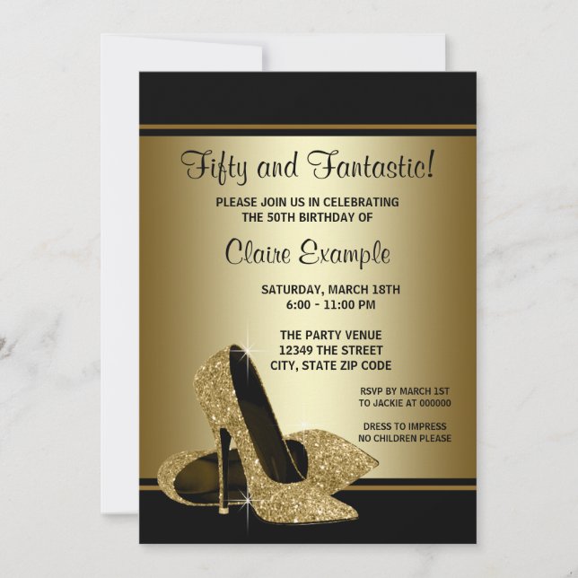 Invitation Noir et or talons hauts femmes fête d'anniversaire (Devant)