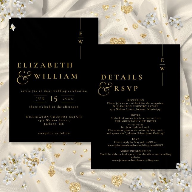 Invitation Noir Et Or Tout En Un Mariage Monogramme Moderne (Black And Gold All In One Modern Monogram Wedding Invitation)