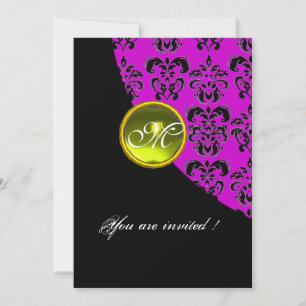 Invitation NOIR ET POURPRE DAMASQUE MONOGRAMME, topaze jaune