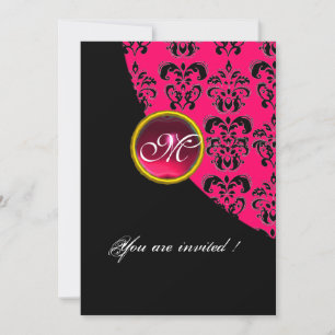 Invitation NOIR ET ROSE DAMAS MONOGRAMME,rouge rubis,fuchsia