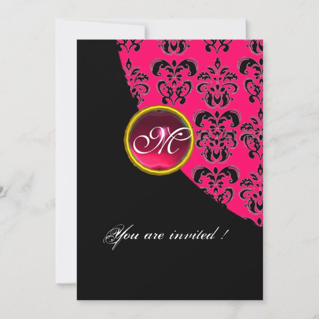 Invitation NOIR ET ROSE DAMAS MONOGRAMME, rubis rouge, fuchsi (Devant)