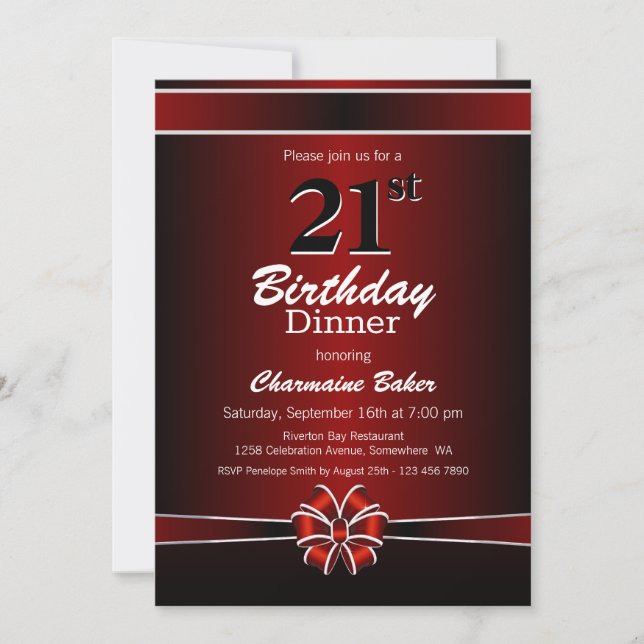 Invitation Noir et Rouge 21e anniversaire Dîner fête (Devant)