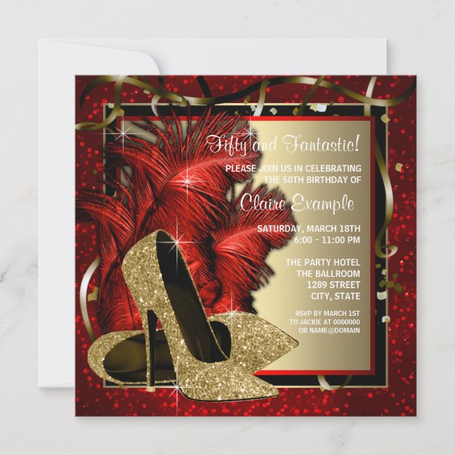 Invitation Noir et rouge et or talons hauts fête d'anniversai (Devant)