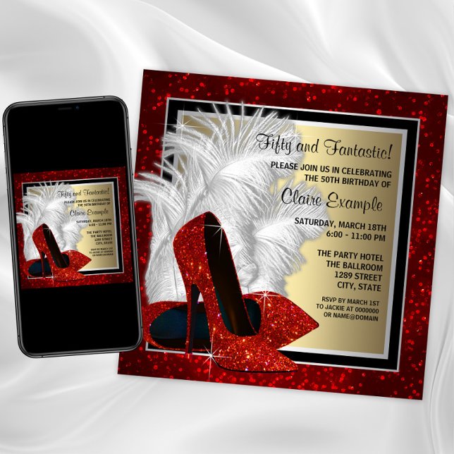 Invitation Noir et rouge et or talons hauts fête d'anniversai (Womans red high heel shoe birthday and any event invite. Download and printed invitations available.)