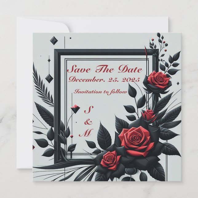 Invitation Noir et rouge personnalisable Fleurs 3D (Devant)