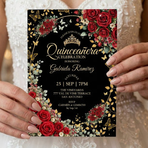 Invitation Noir et Rouge Quinceañera Papillons Roses Dorées