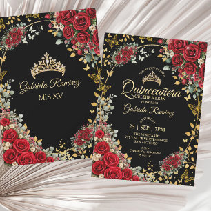 Invitation Noir et Rouge Quinceañera Papillons Roses Dorées