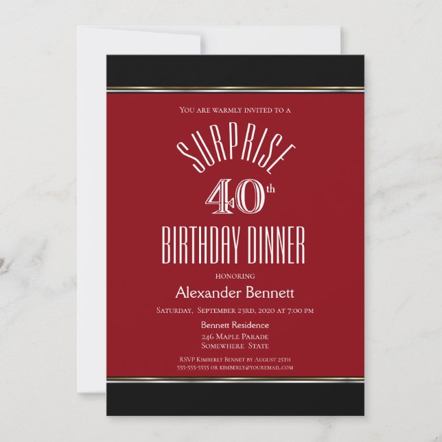 Invitation Noir et Rouge Surprise Dîner du 40e anniversaire (Devant)