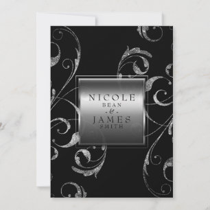Invitation Noir et verre argenté faux tourbillon floral éléga