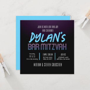 Invitation Noir et violet Neon Bat Bar Mitzvah Party