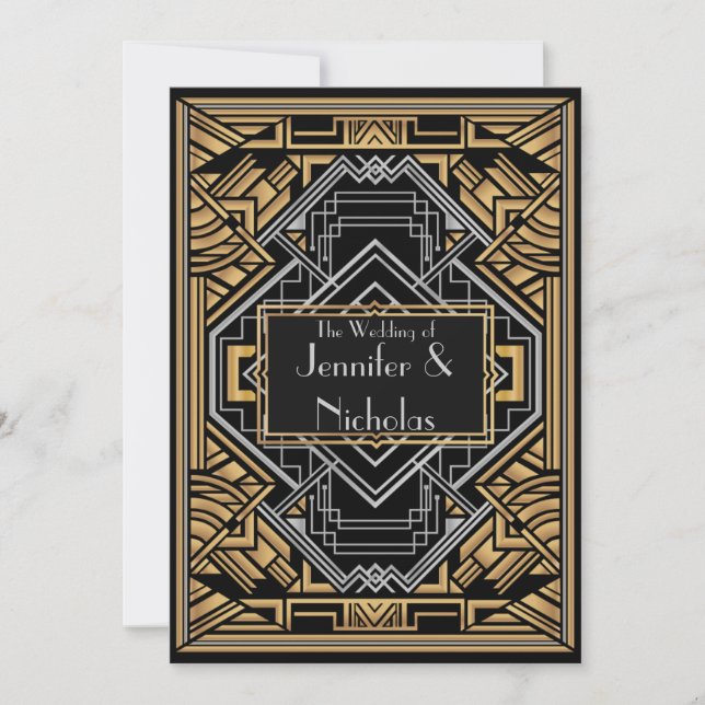 Invitation Noir, Faux Or et Argent Art Déco Gatsby Style (Devant)
