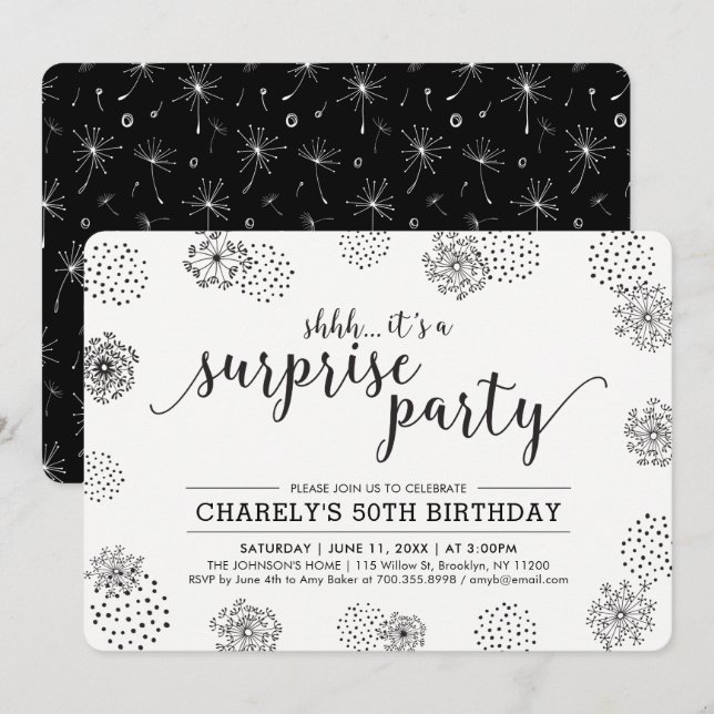 Invitation Noir | Floral Surprise moderne 50e fête d'annivers (Devant / Derrière)