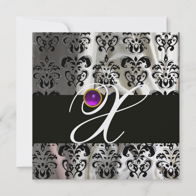 INVITATION NOIR GLACE SILK DAMASK MONOGRAM PURPLE AMÉTHYST (Devant)