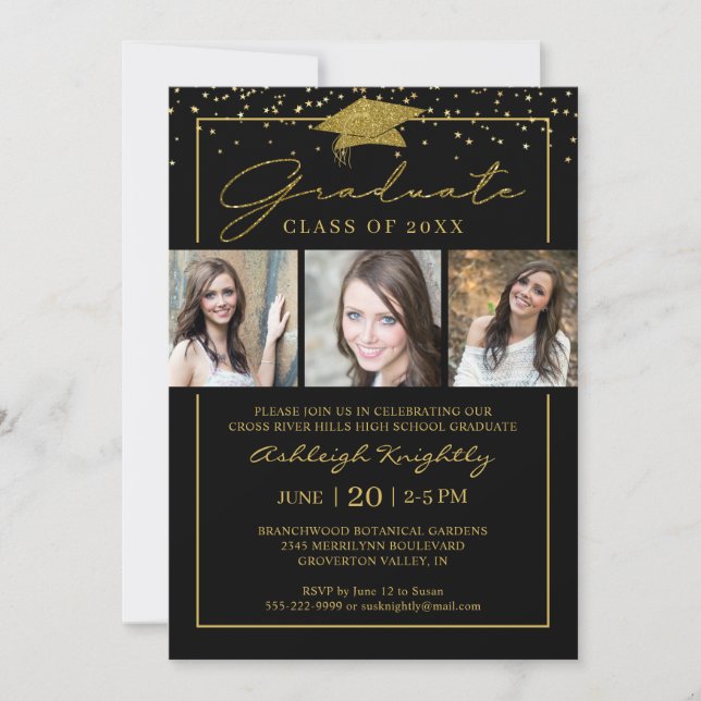 Invitation Noir Gold Confetti Script 3 Photos Graduation (Devant)