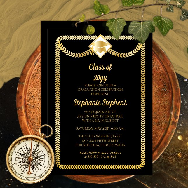 Invitation Noir | Gold Serpentine Graduation Party (Elegant Black and Gold Tone Serpentine College University Graduation Party Invitation Print Digital)