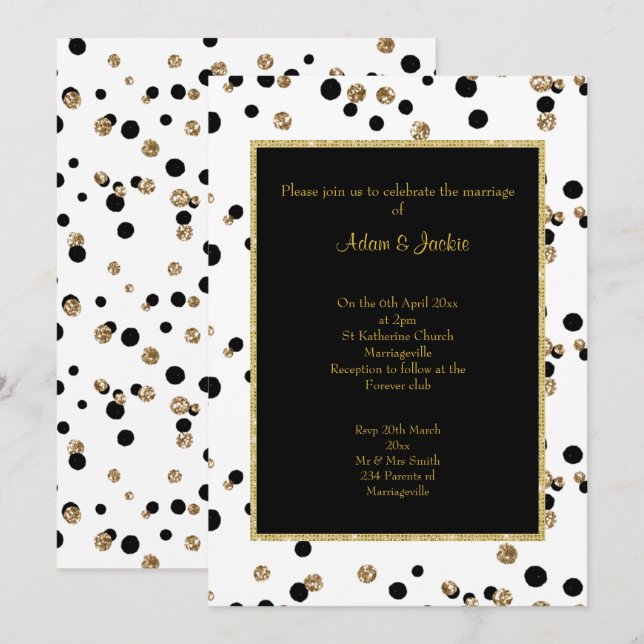 INVITATION NOIR GOLD SPOT CRYSTAL ÉLÉGANT MARIAGE (Devant / Derrière)
