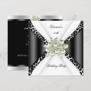Invitation Noir Gris Blanc Léopard Perle Fête d'anniversaire