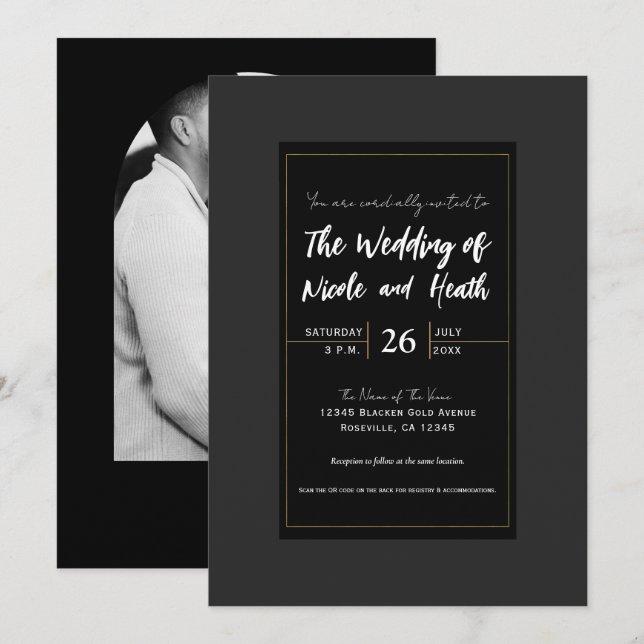 Invitation Noir Gris Or Moderne Minimal Mariage élégant (Devant / Derrière)