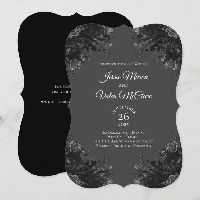 Invitation Noir Gris Rose gothique Élégant mariage (Devant / Derrière)