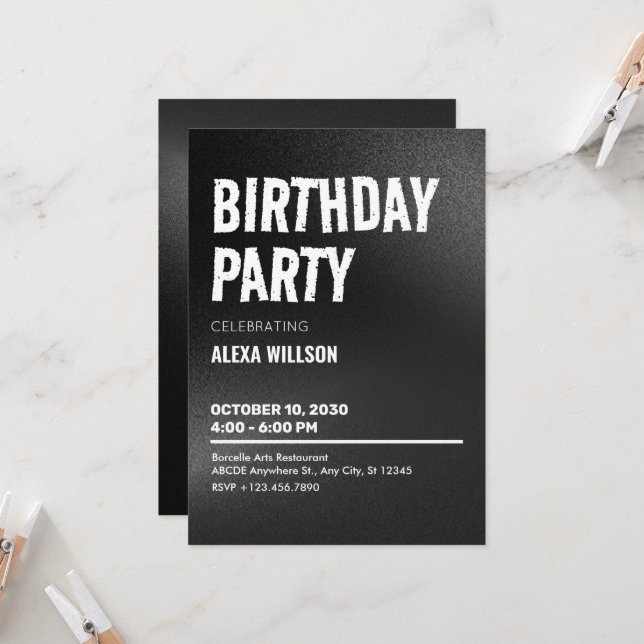 Invitation Noir Grunge Anniversaire (Devant/Arrière en situation)