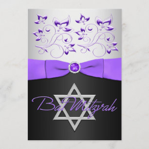 Invitation Noir IMPRIMÉ de RUBAN, argent, floral pourpre