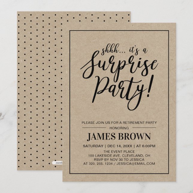 Invitation Noir & Kraft | Parti de retraite surprise moderne (Devant / Derrière)