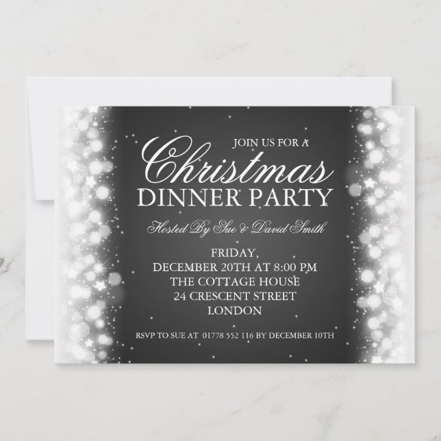 Invitation Noir magique élégant d'étincelle de dîner de Noël (Devant)