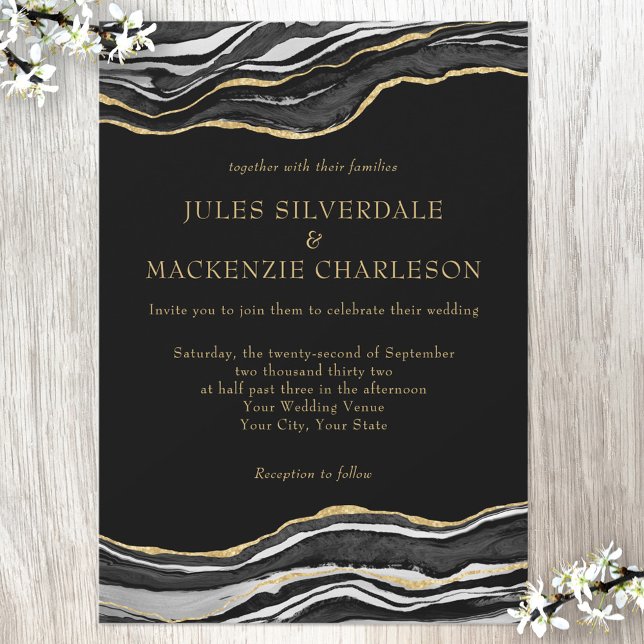 Invitation Noir Marbre Agate Or Parties scintillant Mariage é (Créateur téléchargé)