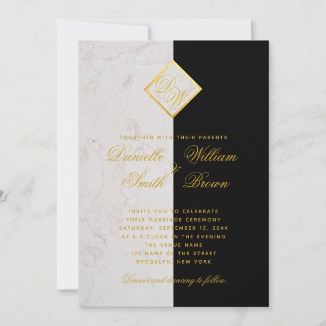 Invitation Noir Marbre Blanc Monogramme Or Mariage élégant (Devant)
