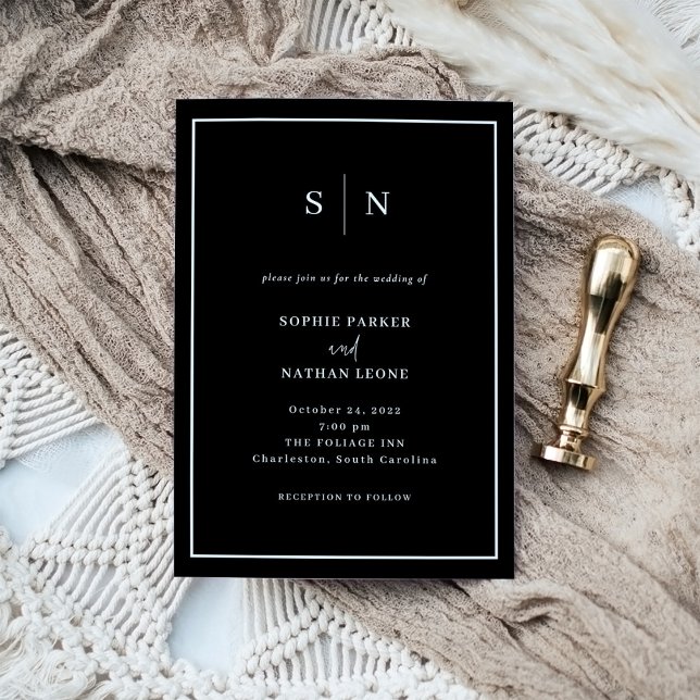 Invitation Noir minimal et chic | Mariage frontière blanc (A modern and elegant wedding invitation in dark black with your monogram)