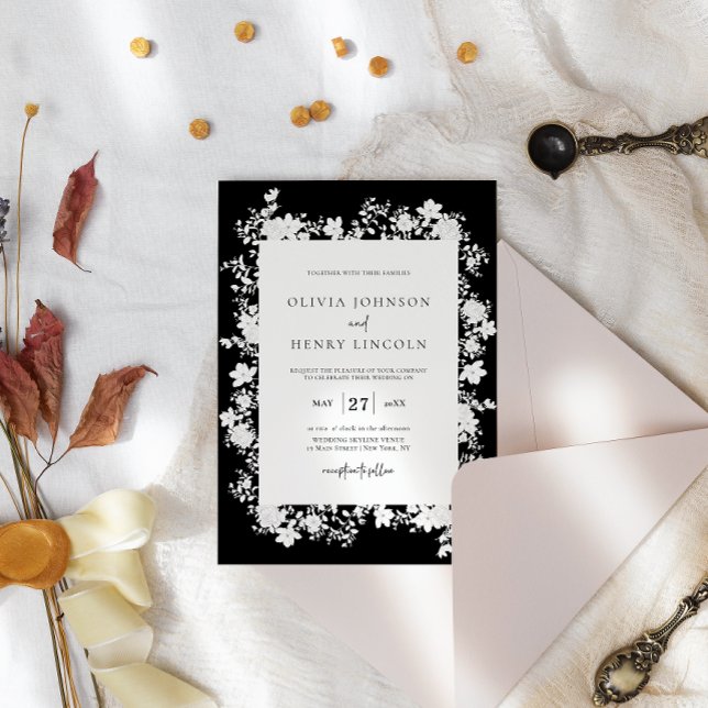 Invitation Noir minimaliste | Mariage de cadre floral blanc (Créateur téléchargé)