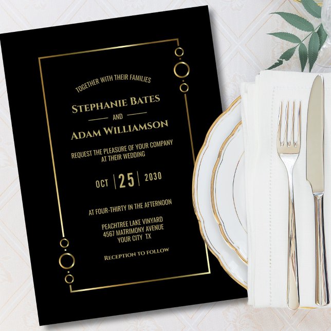 Invitation Noir moderne avec Mariage de cadre or (Créateur téléchargé)