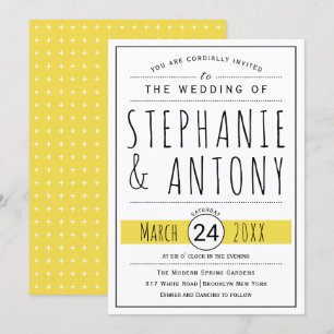 Invitation Noir moderne, blanc typographie jaune mariage