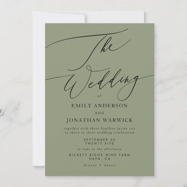 Invitation Noir moderne et vert Sage Mariage simple (Devant)