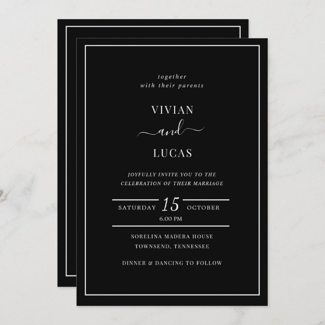 Invitation Noir moderne Formal Mariage minimal (Devant / Derrière)