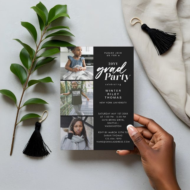 Invitation Noir moderne maintenant & puis 3 Photo Graduation  (Modern Pink Now & Then 3 Photo Graduation Party Invitation)