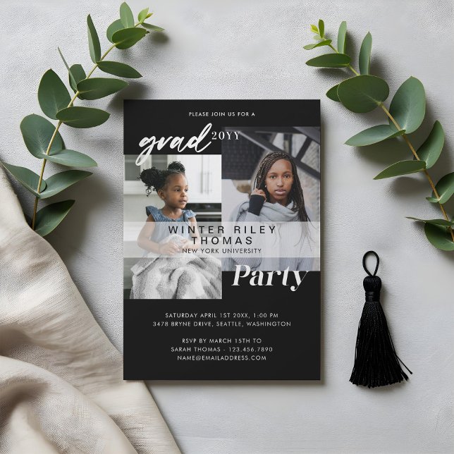 Invitation Noir moderne maintenant & puis la fête de graduati (Modern Black Now & Then Two Photo Graduation Party Invitation)