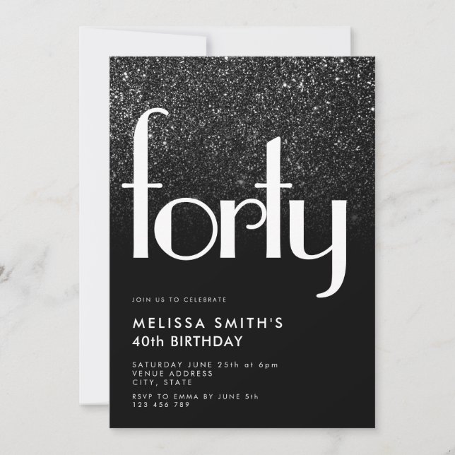 Invitation Noir moderne Simple élégant Chic 40e anniversaire (Devant)