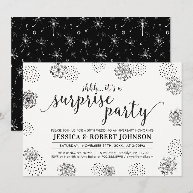 Invitation Noir | Moderne Surprise 50e anniversaire de Mariag (Devant / Derrière)