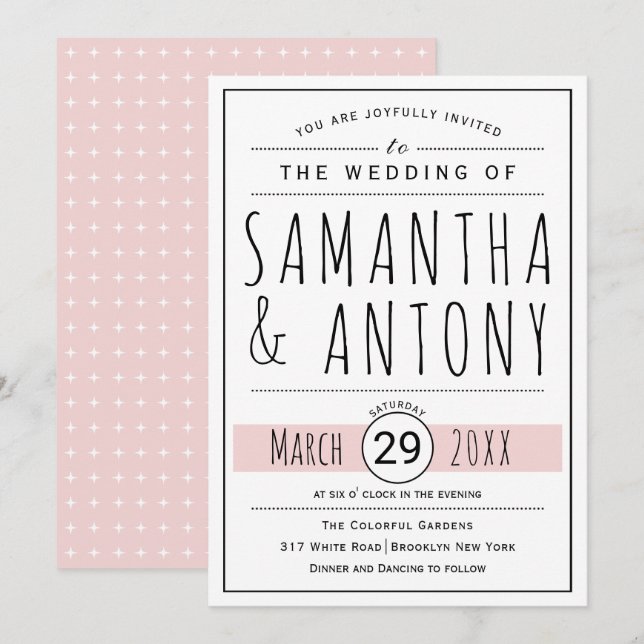 Invitation Noir moderne, typographie blanche mariage rose vif (Devant / Derrière)