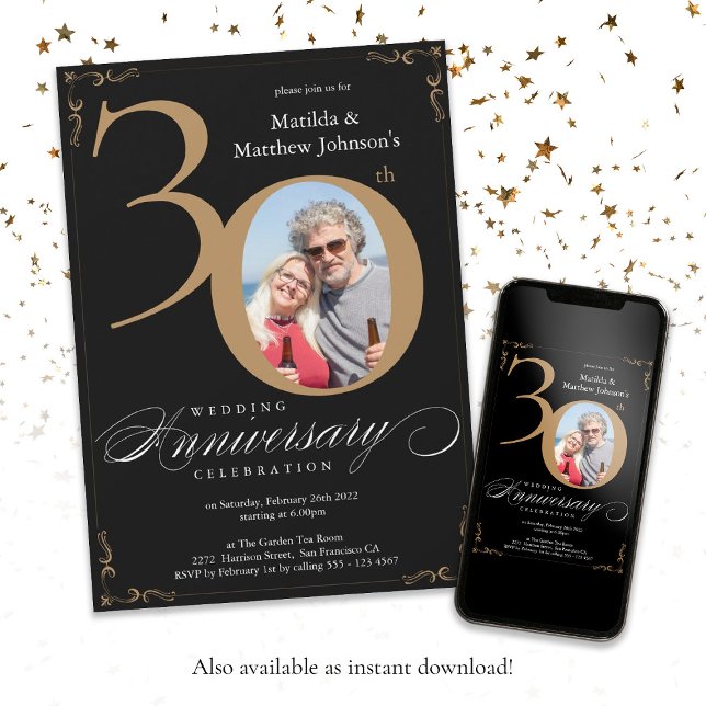 Invitation Noir Or 30e Anniversaire de Mariage Calligraphie (Black Gold 30th Wedding Anniversary Calligraphy Invitation)