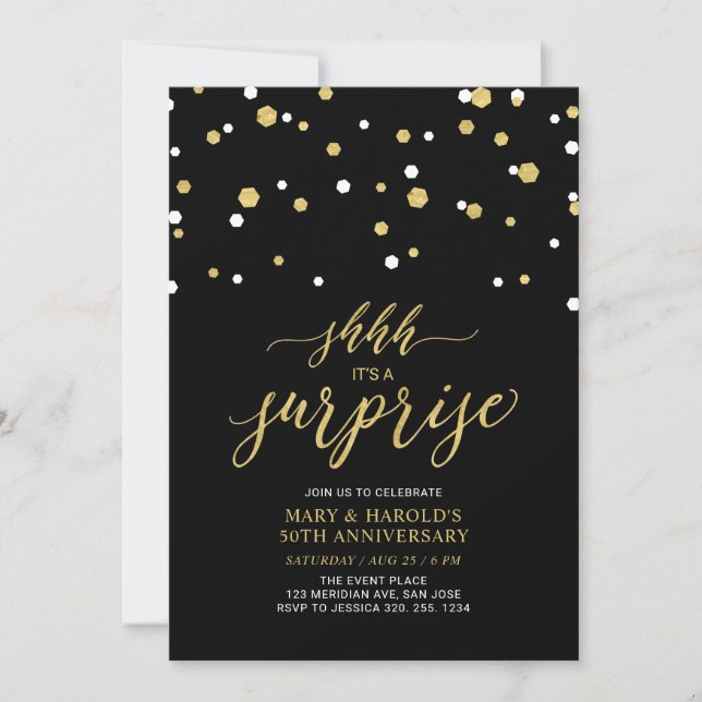 Invitation Noir & Or | 50e anniversaire de mariage surprise (Devant)