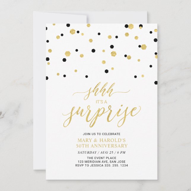 Invitation Noir & Or | 50e anniversaire du Mariage surprise I (Devant)