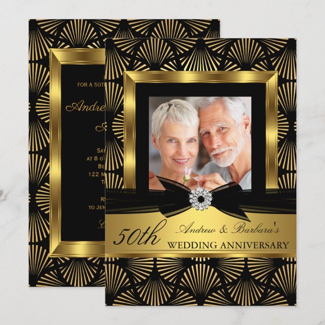 Invitation Noir Or Déco Photo 50e Anniversaire de Mariage (Devant / Derrière)