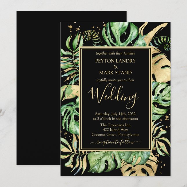 Invitation Noir & Or Elegant Mariage de Foliage Tropical (Devant / Derrière)